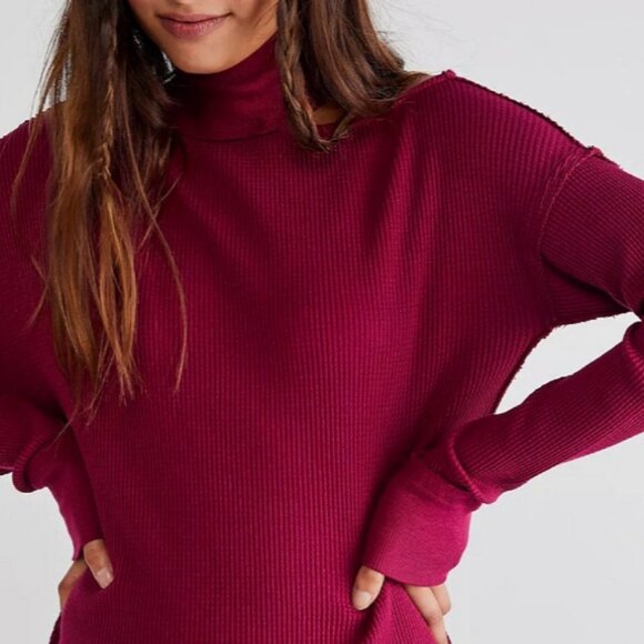 NEW Free People Just For You Cutout Shoulder Mock Neck Thermal Top Wine $98 S - Picture 6 of 11
